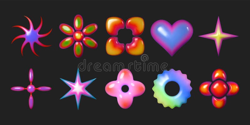 3d Y2K figures. Abstract neon gradient star and hippy flower, retro glossy geometric star glow of cute iridescent fluid stock illustration