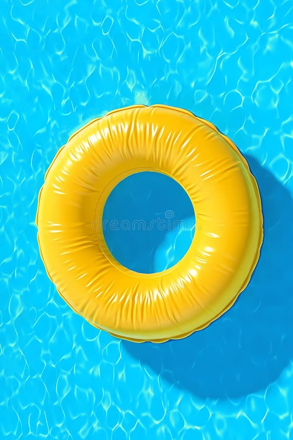 3d Yellow Inflatable Pool Ring, Top View, Pool Background with Blue