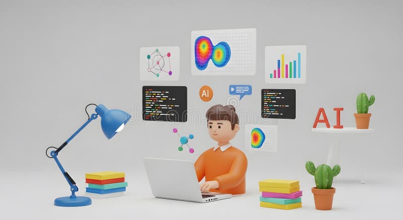 3D-Zeichen mit Laptop umgeben von futuristischen AI-Konzepten für die Visualisierung von Daten lizenzfreie abbildung