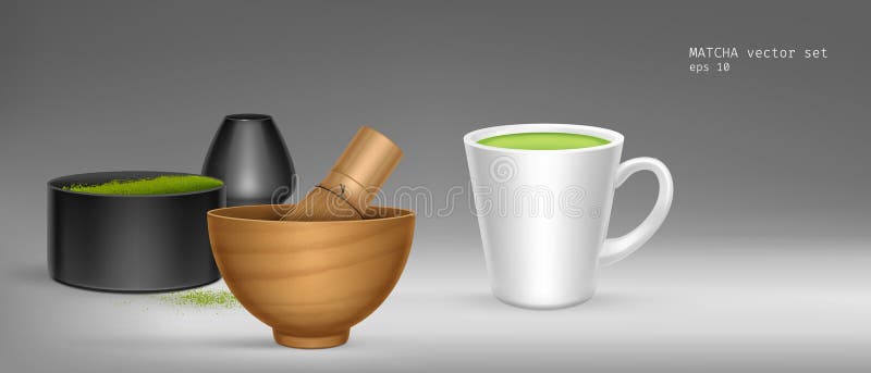 3d zielony matcha proszek. japońska herbata lub napój latte ilustracja wektor