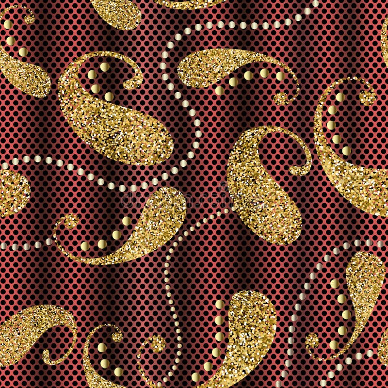 3d złocistej błyskotliwości Paisley wektorowy bezszwowy wzór Ozdobna draperia textured koronkowego polek kropek czerwieni tło Roc ilustracji 3d złocistej błyskotliwości Paisley wektorowy bezszwowy wzór Ozdobna draperia textured koronkowego polek kropek czerwieni tło Roc ilustracji