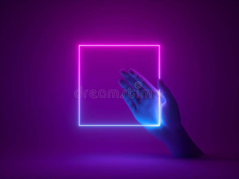 3d återge enkel geometrisk bakgrund mannequin hand med rosa blå, neon-kvadratisk ram. Futuristisk teknik, papper royaltyfri illustrationer