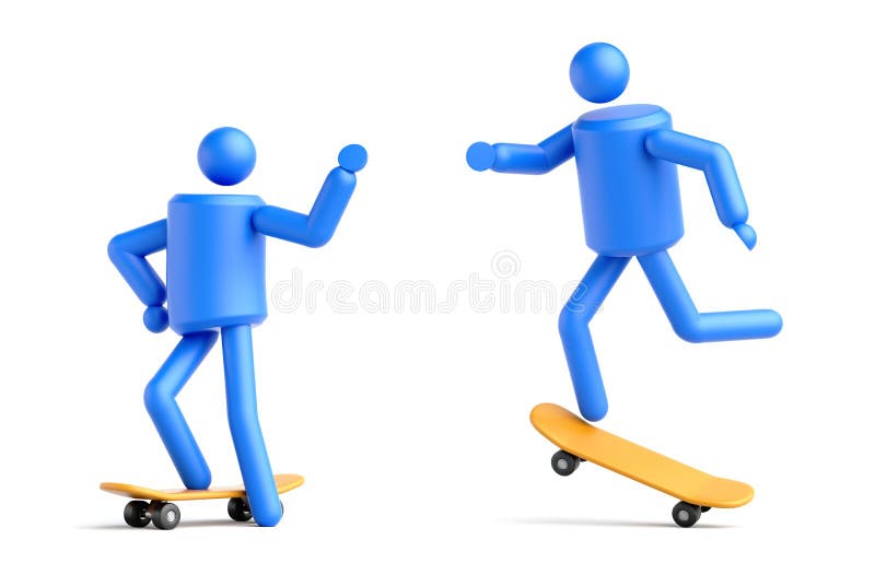 3d återge enkel, mänsklig form abstrakt personsymbol som rider gul skateboard. Geometrisk blå mansikonklämma isolerad på vektor illustrationer