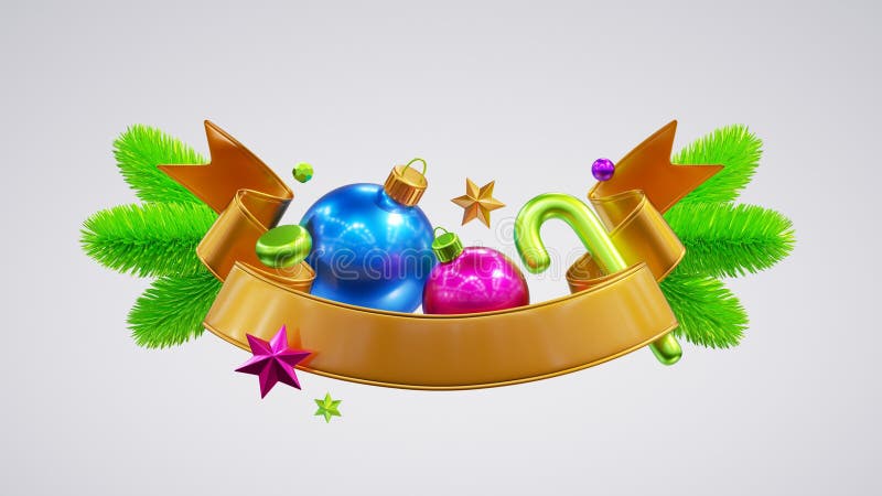 3d-återge guldband som dekorerats med gröngrö och prydnadsföremål : Glasbollar, kandisstjärnor. nyårsklippskonst royaltyfri illustrationer