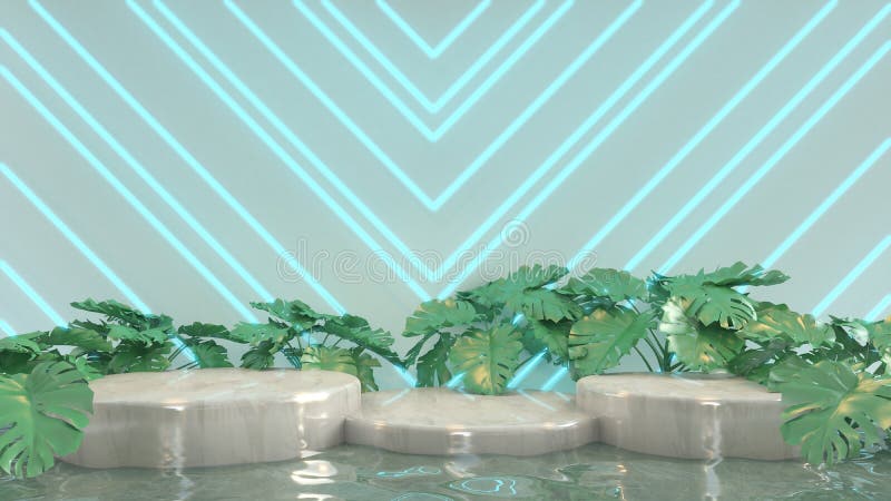 3d återge marmor som reflekterar vatten för premiumprodukt naturen grönlöv vektor illustrationer