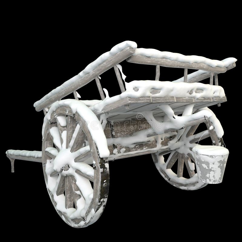 3d återge trävagn med snötäckta krukor 3d-bild stock illustrationer