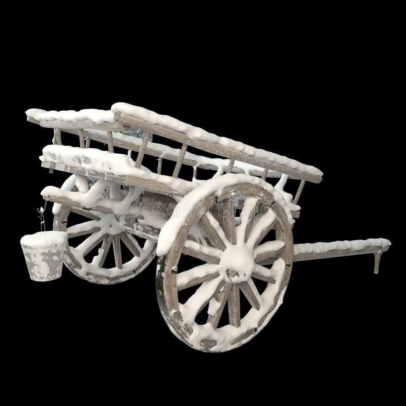 3d återge trävagn med snötäckta krukor 3d-bild royaltyfri illustrationer