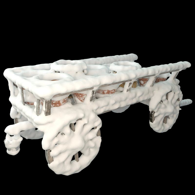 3d återge trävagn med snötäckta krukor stock illustrationer