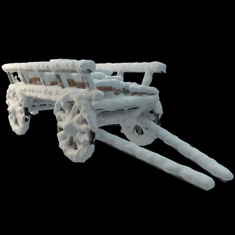 3d återge trävagn med snötäckta krukor stock illustrationer
