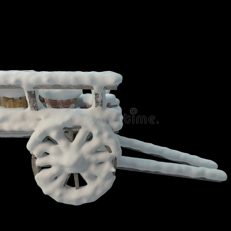 3d återge trävagn med snötäckta krukor stock illustrationer