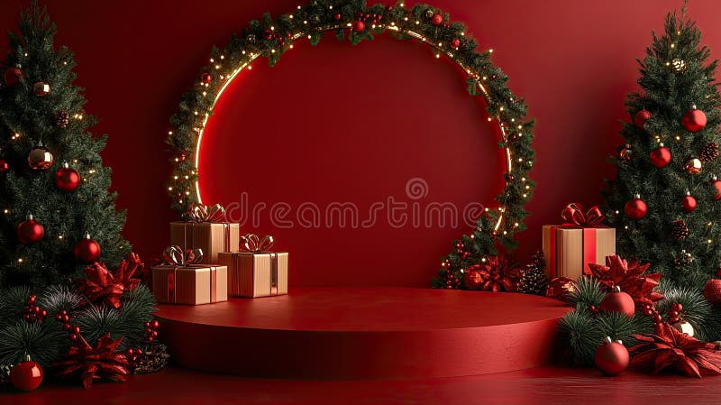 3d återgiven podium med julklappar och presentlådor på golvets röda bakgrund med cirkelbåge fotorealistisk i vektor illustrationer