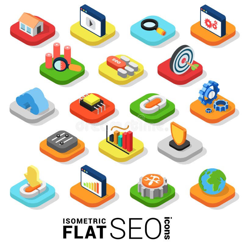 Flat 3d isometric trendy style SEO search engine optimization marketing web mobile app infographics icon set. Website application collection. Flat 3d isometric trendy style SEO search engine optimization marketing web mobile app infographics icon set. Website application collection.