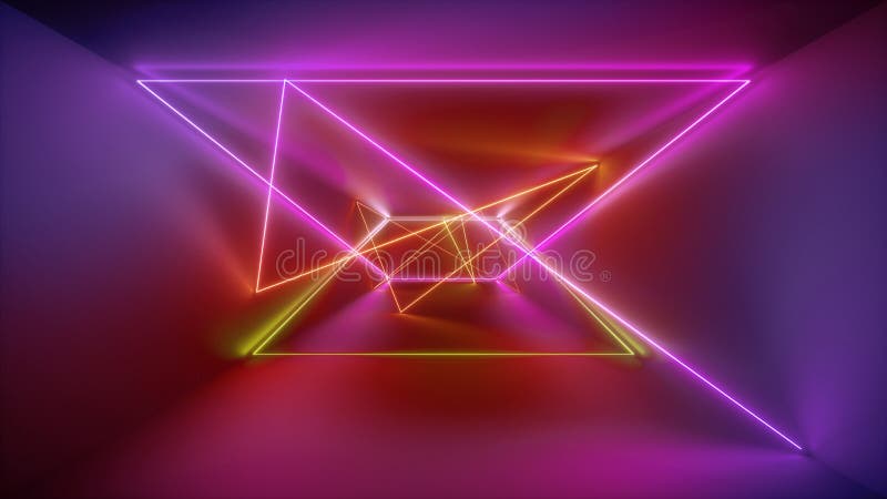 3d перевод, накаляя линии, неоновые света, абстрактная психоделическая предпосылка, цвета красного пинка желтые живые, шоу лазера иллюстрация вектора