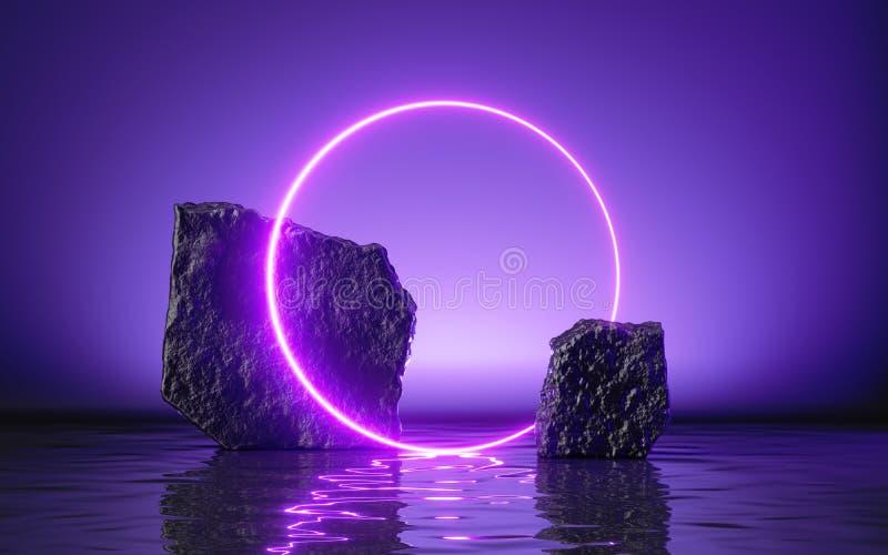 3d render, abstract futuristic background with neon ring, black cobble rocks and cobblestones and reflection in the water. Blank showcase scene for product presentation. 3d render, abstract futuristic background with neon ring, black cobble rocks and cobblestones and reflection in the water. Blank showcase scene for product presentation
