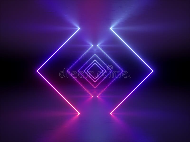 3d übertragen, abstrakter Modehintergrund, glühende Linien, violette Neonlichter, ultraviolettes quadratisches Neonportal, Tunnel stock abbildung
