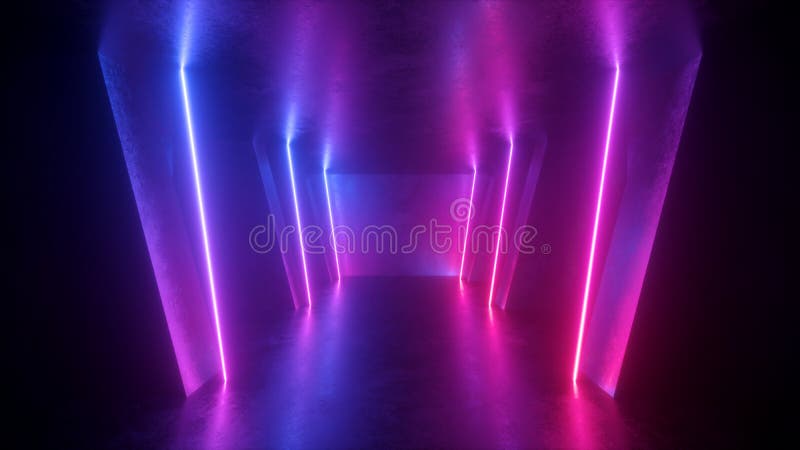 3d übertragen, abstrakter Neonhintergrund, leerer Raum, Tunnel, Korridor, glühende Linien, geometrisches, UV-Licht stock abbildung