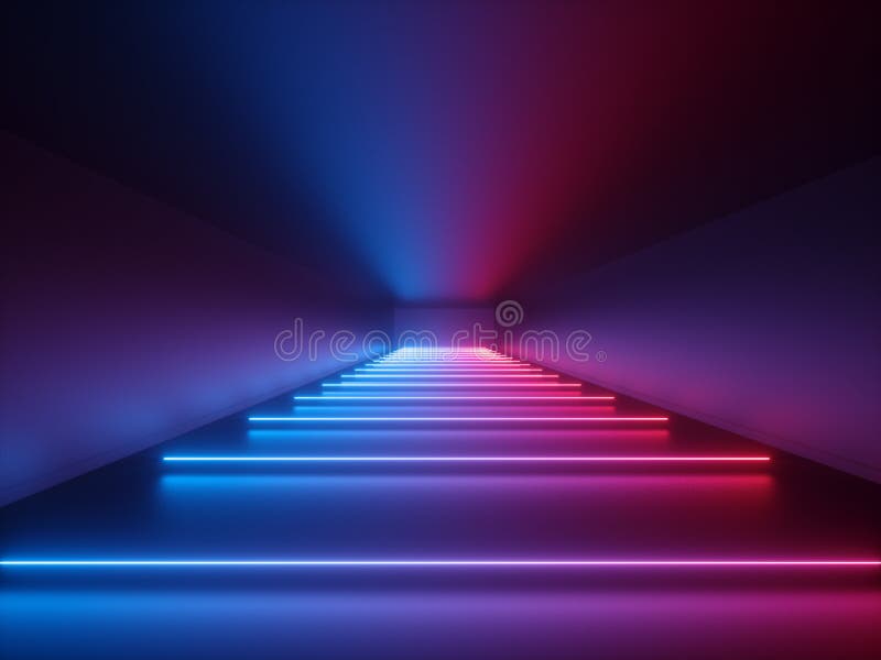 3d übertragen, glühende Linien, Neonlichter, abstrakter psychedelischer Hintergrund, Korridor, Tunnel, ultraviolettes, vibrierend lizenzfreie abbildung