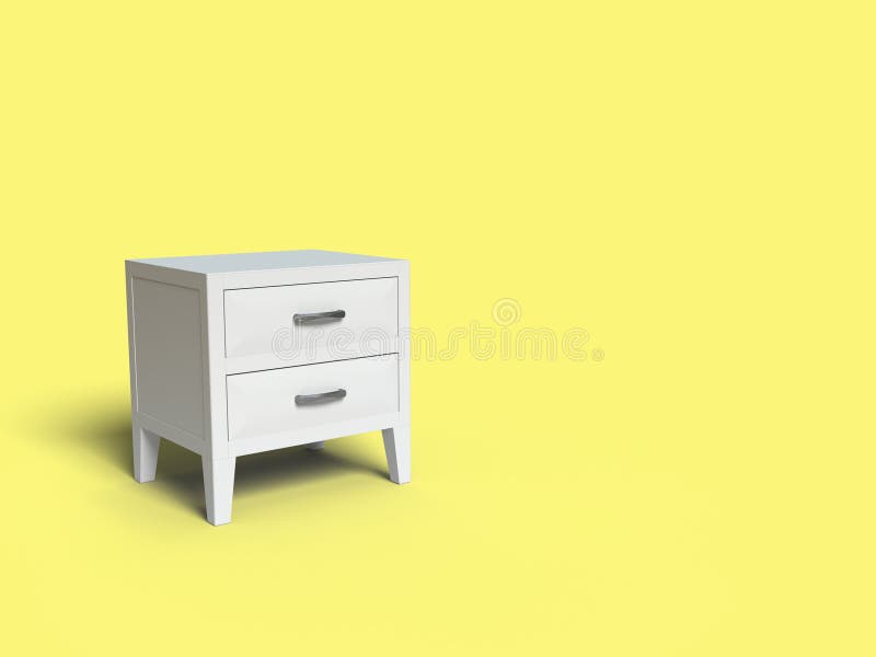 3d render model of Modern bedside metallic white chest of drawers in yellow background. 3d render model of Modern bedside metallic white chest of drawers in yellow background.