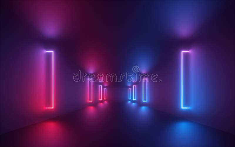 3d render, red blue neon light, illuminated corridor, tunnel, empty space, ultraviolet light, 80`s retro style, fashion show stage, abstract background. 3d render, red blue neon light, illuminated corridor, tunnel, empty space, ultraviolet light, 80`s retro style, fashion show stage, abstract background