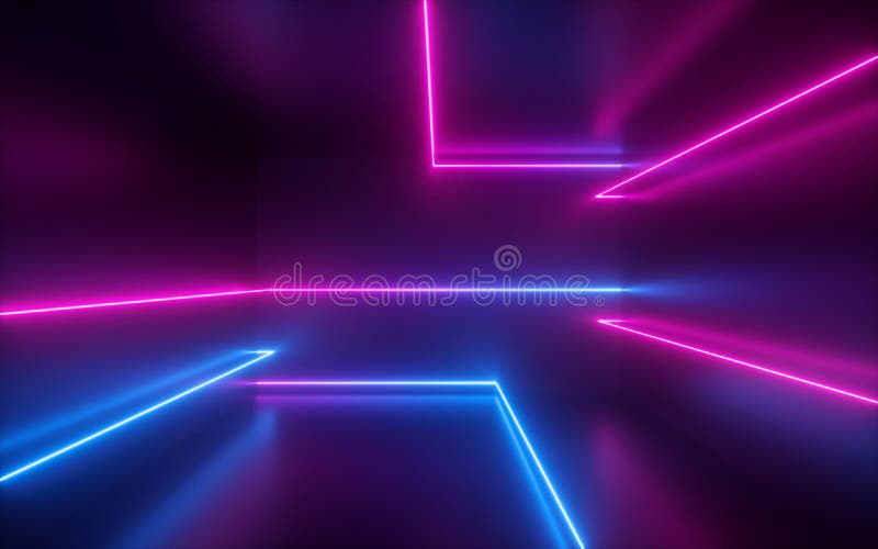 3d übertragen, zacken blaue Neonlinien, geometrische Formen, virtueller Raum, UV-Licht, achtziger Jahre Art, Retro- Disco, Modela