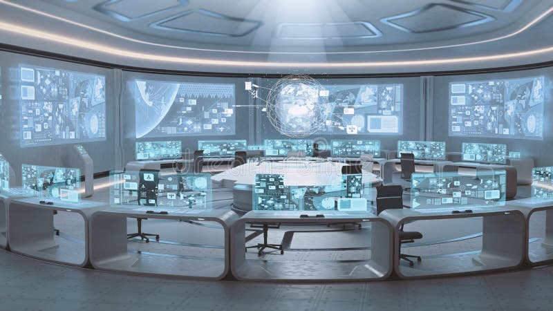 3D übertrug leerer, moderner, futuristischer Kommandozentraleinnenraum