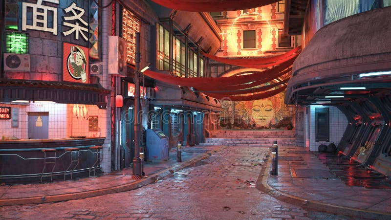 3d απόδοση δρόμου cyberpunk τη νύχτα απεικόνιση αποθεμάτων