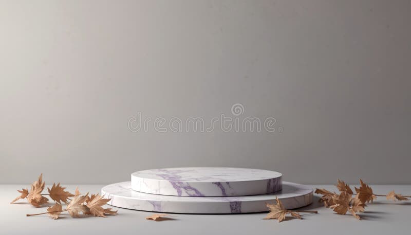 3D σκηνή απόδοσης με μαρμάρινο βάθρο για επίδειξη προϊόντος. Διακοσμητικό δάπεδο αποξηραμένων φύλλων. Γεωμετρική πέτρα πλαισίου μπ. Τεχνητή νοημοσύνη.