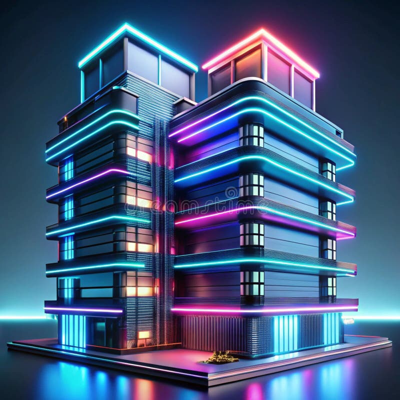3D φουτουριστικό κτίριο με φώτα νέον διανυσματική απεικόνιση