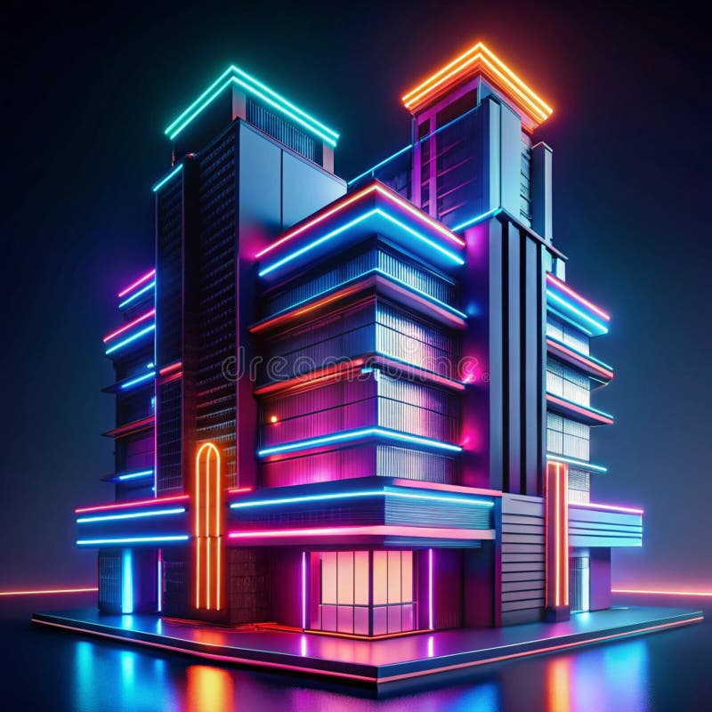 3D φουτουριστικό κτίριο με φώτα νέον απεικόνιση αποθεμάτων