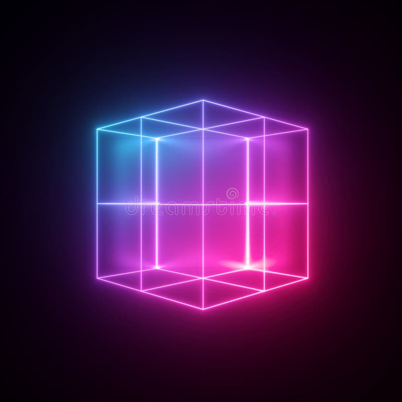 3d render, neon abstract background with glowing lines, isolated cube, cyber shape in virtual reality, laser show. 3d render, neon abstract background with glowing lines, isolated cube, cyber shape in virtual reality, laser show.