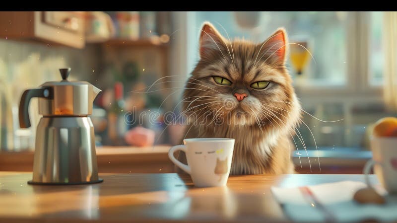 3d анимационный фильм стиль иллюстрации женский кот рано утром, имея чашку кофе сварливый лицо. сердитый кот иллюстрация штока
