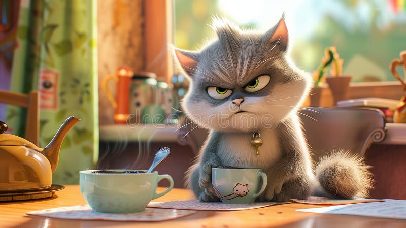 3d анимационный фильм стиль иллюстрации женский кот рано утром, имея чашку кофе сварливый лицо. сердитый кот бесплатная иллюстрация