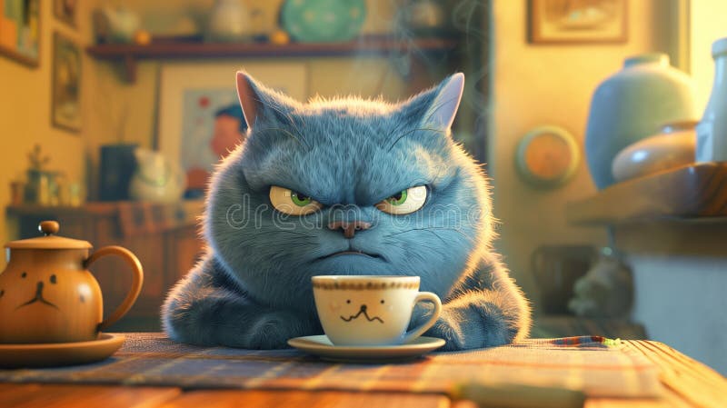 3d анимационный фильм стиль иллюстрации женский кот рано утром, имея чашку кофе сварливый лицо. сердитый кот иллюстрация штока