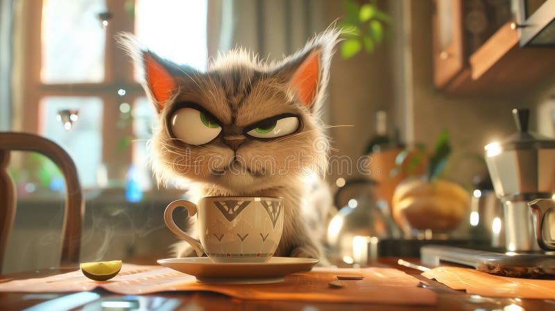 3d анимационный фильм стиль иллюстрации женский кот рано утром, имея чашку кофе сварливый лицо. сердитый кот иллюстрация штока