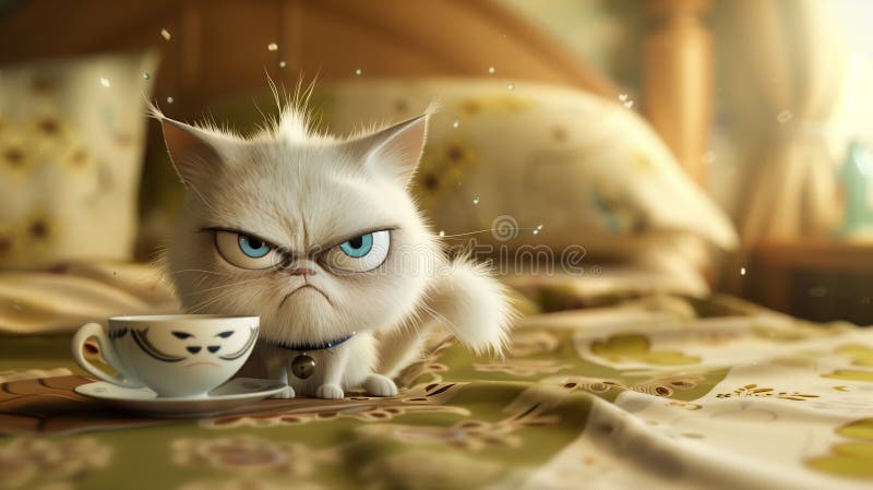 3d анимационный фильм стиль иллюстрации женский кот рано утром, имея чашку кофе сварливый лицо. сердитый кот иллюстрация вектора