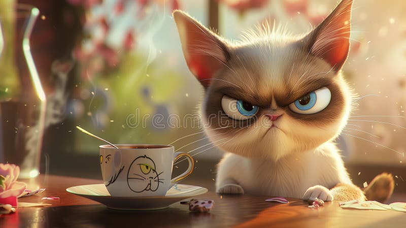 3d анимационный фильм стиль иллюстрации женский кот рано утром, имея чашку кофе сварливый лицо. сердитый кот не любит раннее утро. нуждается в кофе.