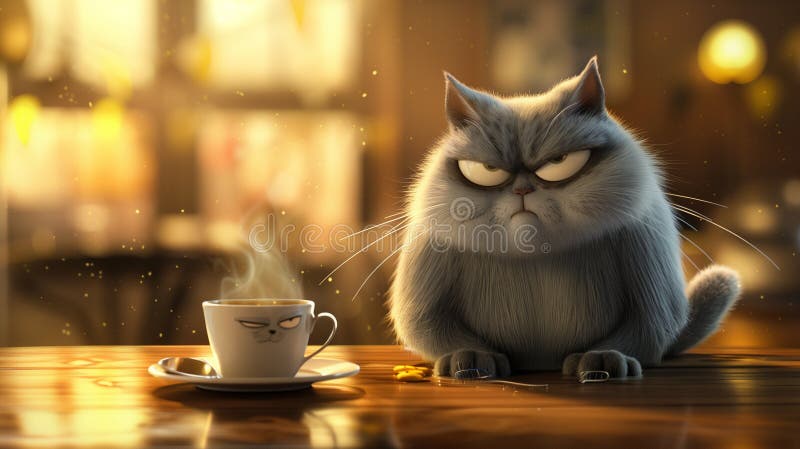 3d анимационный фильм стиль иллюстрации женский кот рано утром, имея чашку кофе сварливый лицо иллюстрация штока