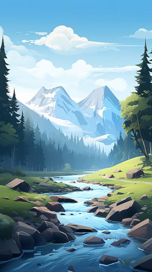 2d-анимация безмятежного дневного речного пейза бесплатная иллюстрация