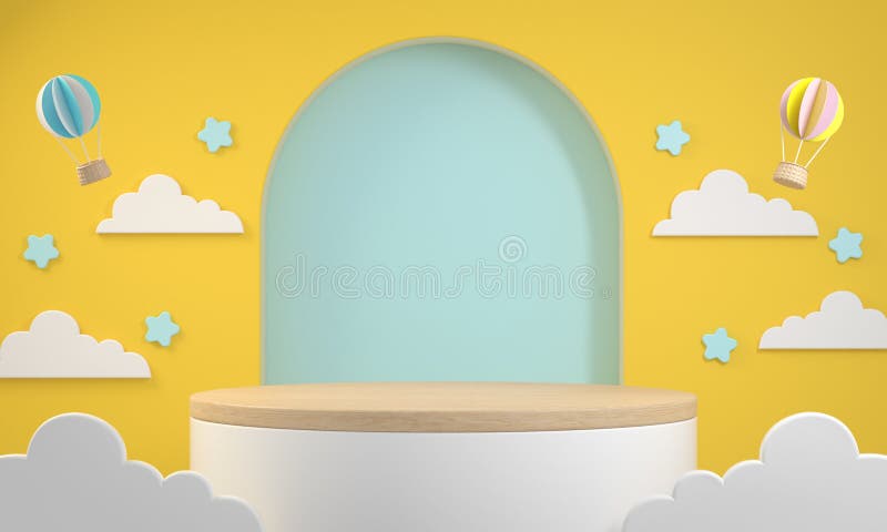 3d визуализация детская концепция минимальная деревянная дисплея полки натрия облачные желтые иллюстрация абстрактный фон иллюстрация вектора