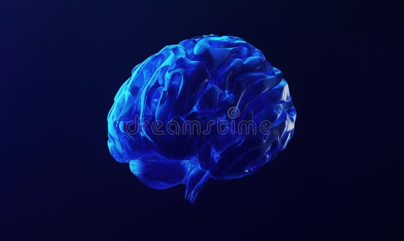 3D голубая светящаяся модель мозга с замысловатыми деталями и гладкой поверхностью стоковая фотография