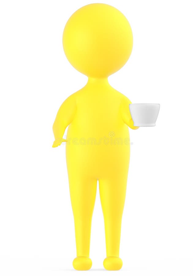 3d желтеют характер стоя и держа чашка чая перевода coffe -3d его рукой иллюстрация штока