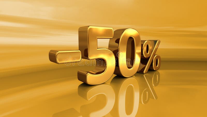 3d золото -50%, минус знак скидки 50 процентов Иллюстрация штока ...