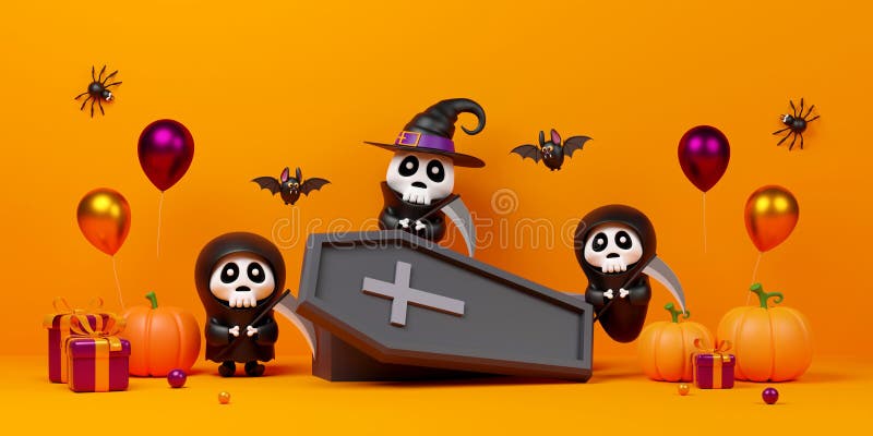 3d иллюстрация баннер страшного призрака с гробом и тыквами иллюстрация штока
