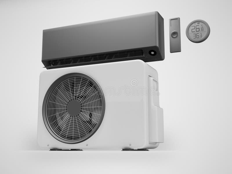 3d иллюстрация современного набора кондиционеров для охлаждения офиса на сером фоне с тенью иллюстрация штока