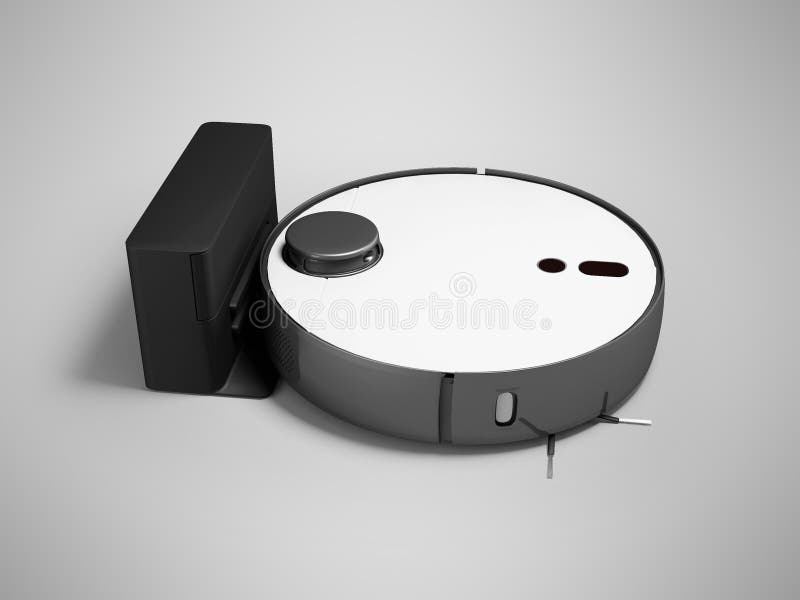 3d иллюстрация современного робота-пылесоса для химчистки с контейнером с зарядным устройством на сером фоне с тенью иллюстрация вектора