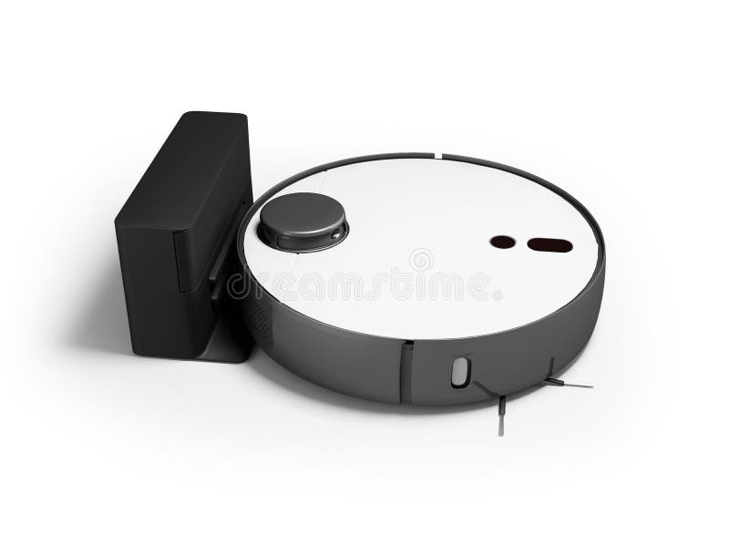 3d иллюстрация современного робота-пылесоса для химчистки с контейнером с зарядным устройством на белом фоне с тенью бесплатная иллюстрация