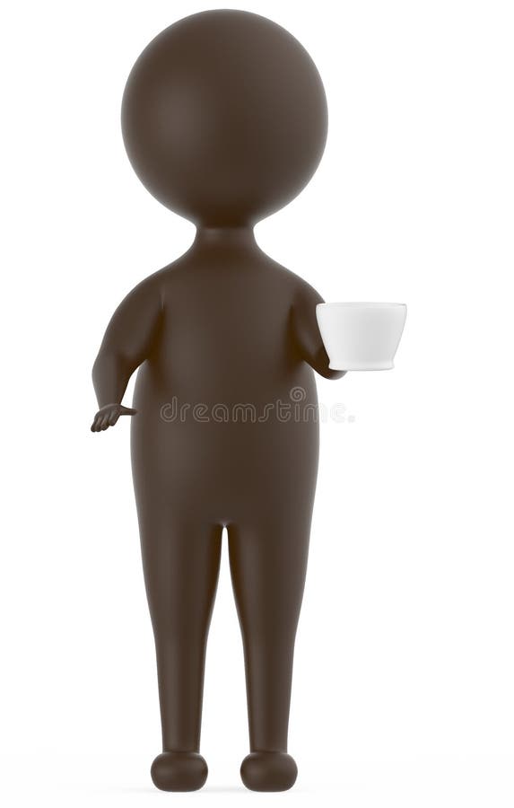 3d коричневеют характер стоя и держа чашка чая перевода coffe -3d его рукой иллюстрация вектора