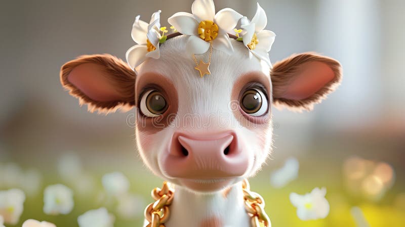 3d милая детская корова белого и коричневого цветов в золотом ожерелье на шее маленькая желтая звезда на лбу иллюстрация штока