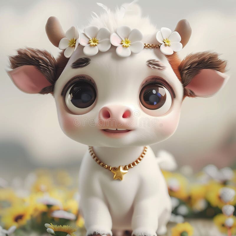 3d милая детская корова белого и коричневого цветов в золотом ожерелье на шее маленькая желтая звезда на лбу иллюстрация вектора