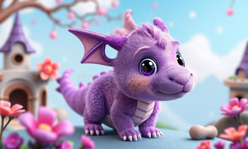 3d мультяшный дракон с мягкой фиолетовой текстурой меха и большими любопытными глазами иллюстрация штока